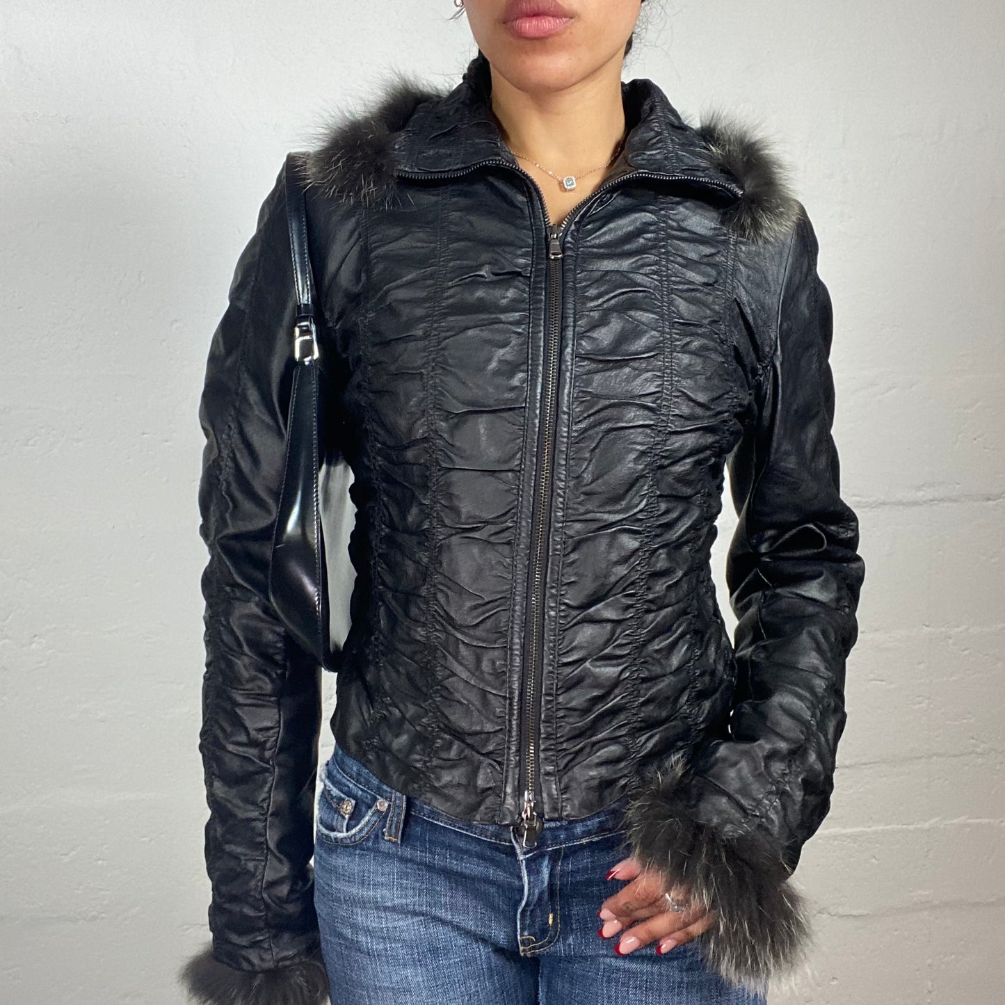 Vintage 2000's Downtown Girl Black Textured Leather Effect Zip Up Jacket with Fur Trim (S)