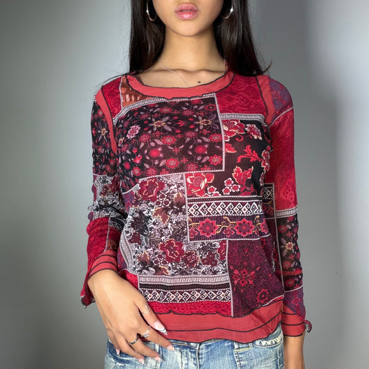 Vintage 90’s Boho Red Patchwork Longsleeve Top (M)