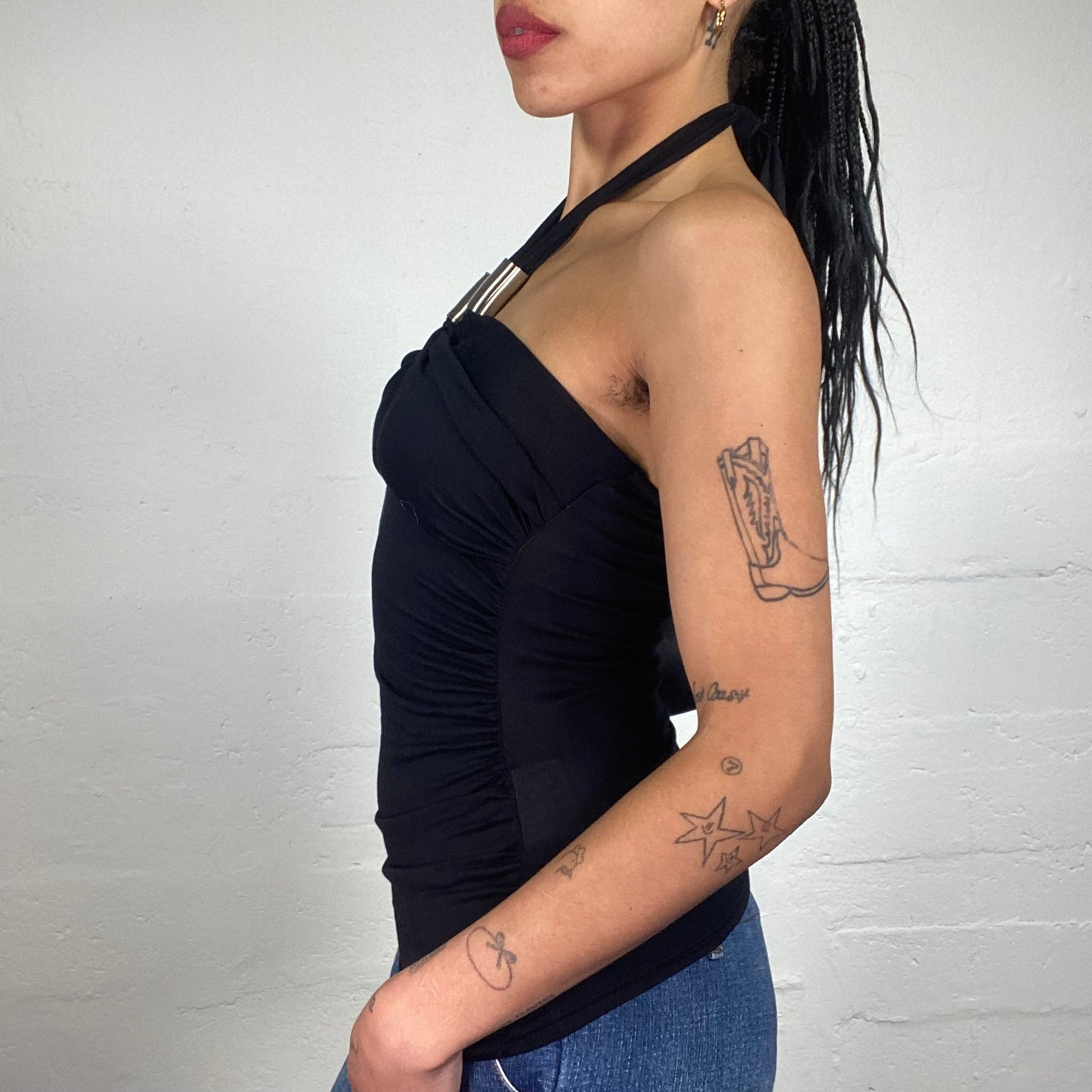 Vintage 2000's Clubwear Black Draped Open Back Top with Metal Piece Decorated Neckholder (XS)