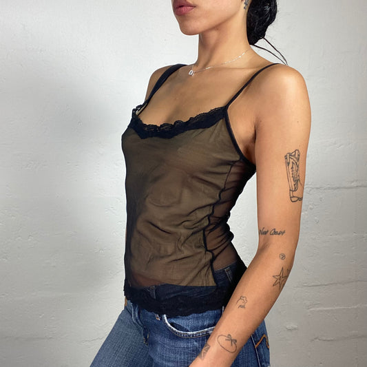 Vintage 2000's Downtown Girl Brown Cami Top with Black Mesh Layer and Black Lace Details (S)