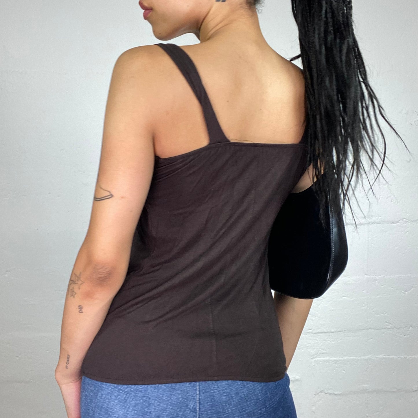 Vintage 2000's Downtown Girl Brown Draped Cami Top with Silky Brown Ribbon Detail (M)