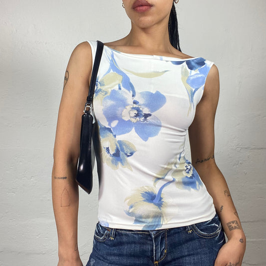 Vintage 2000's Soft Girl Summer White Tank Top with Blue Watercolour Orchid Print (S)