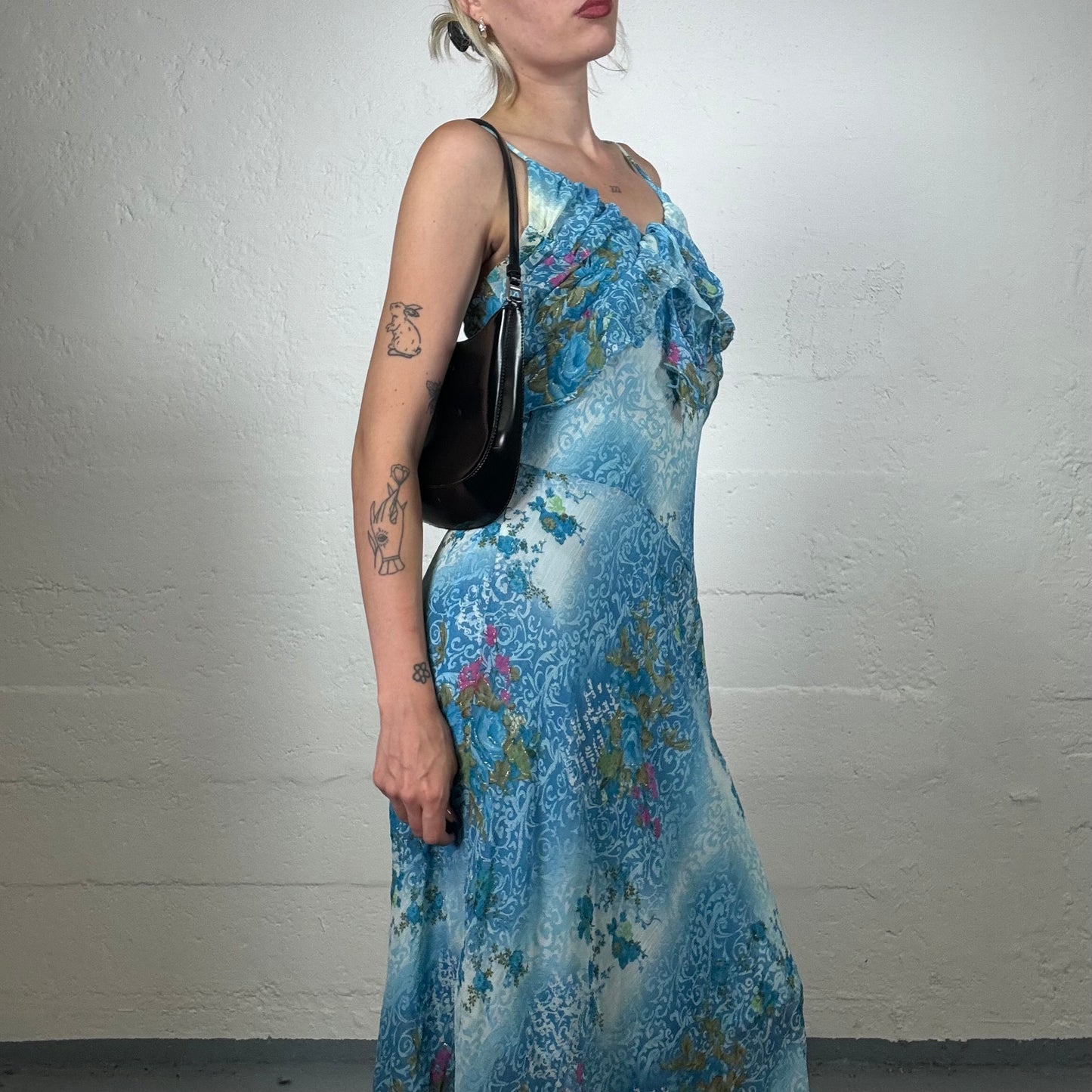 Vintage 2000's Summer Fairy Sky Blue Chiffon Printed Midi Dress with Ruffle Details (S)