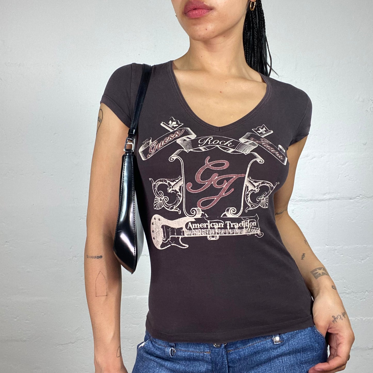 Vintage 2000's Guess Downtown Girl Printed Brown Baby Tee with V-Neck Cut (S)