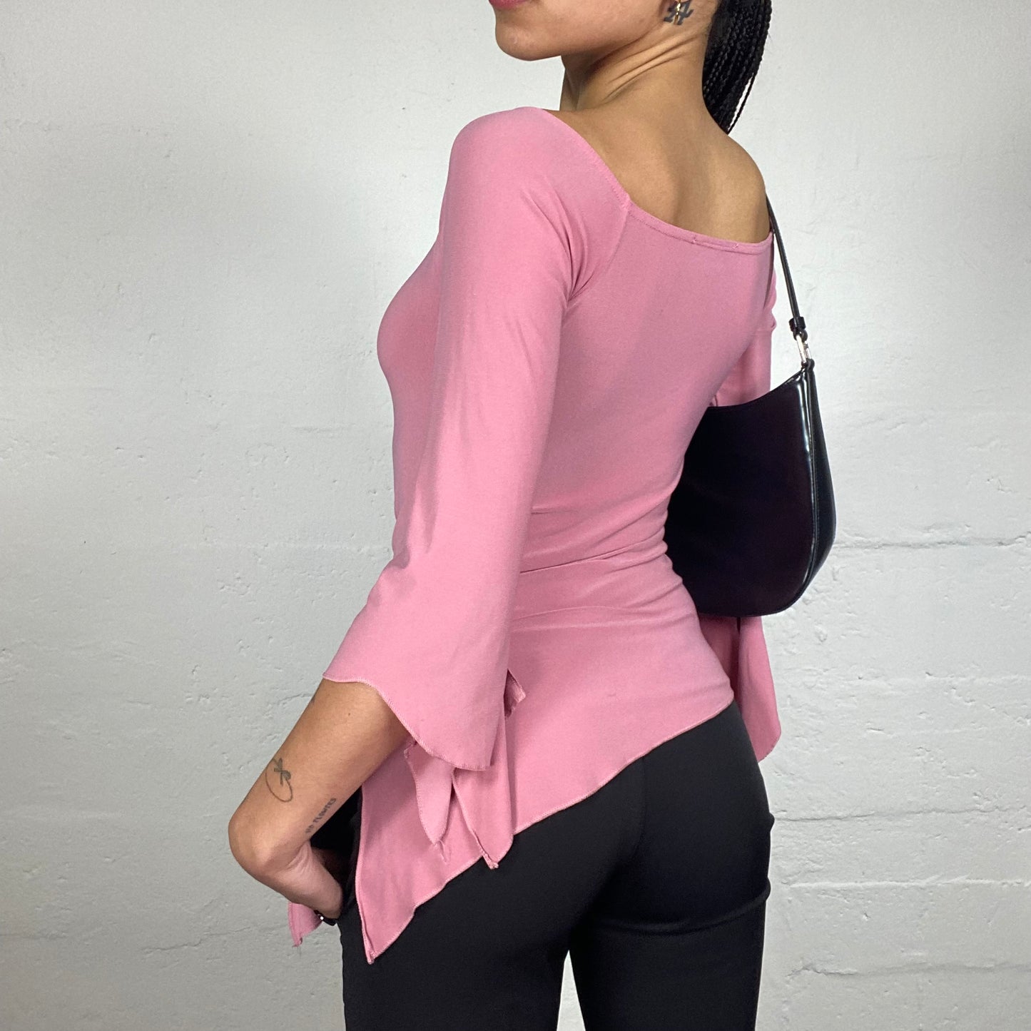 Vintage 2000's Romantic Pink Asymmetric 3/4 Flare Sleeves Long Top with Metal Detail (S)