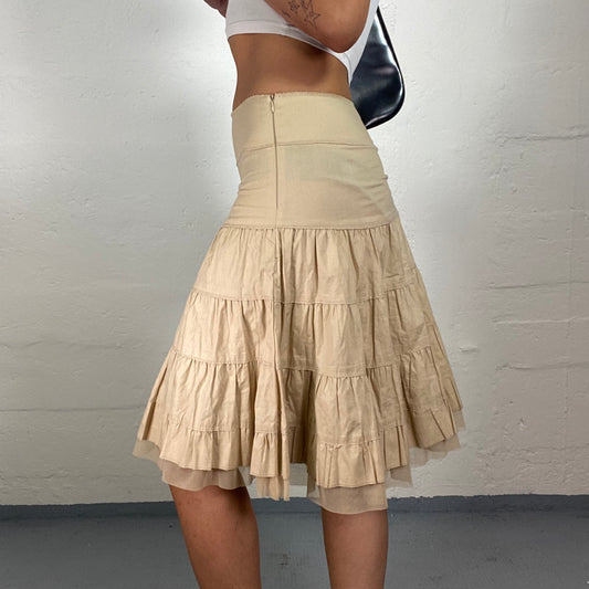 Vintage 2000's Coquette Coffee Beige Knee Length Ruffled Layered Skirt (S)