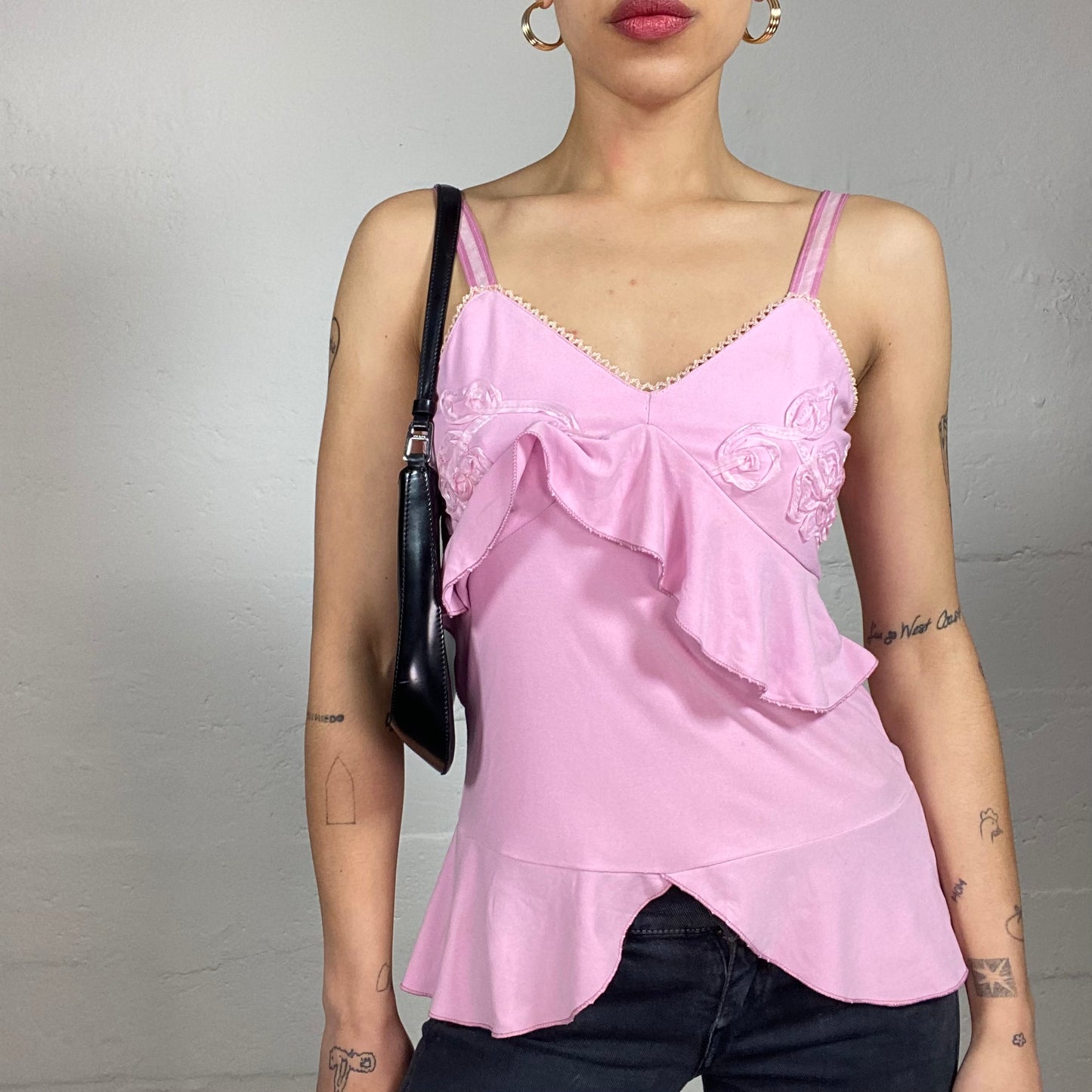 Vintage 2000's Girly Girl Pink Ruffled Cami Top with Floral Embroidery (S)