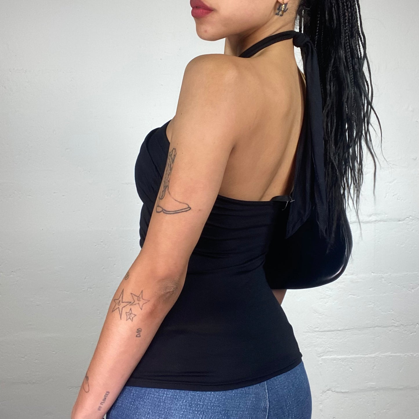 Vintage 2000's Clubwear Black Draped Open Back Top with Metal Piece Decorated Neckholder (XS)