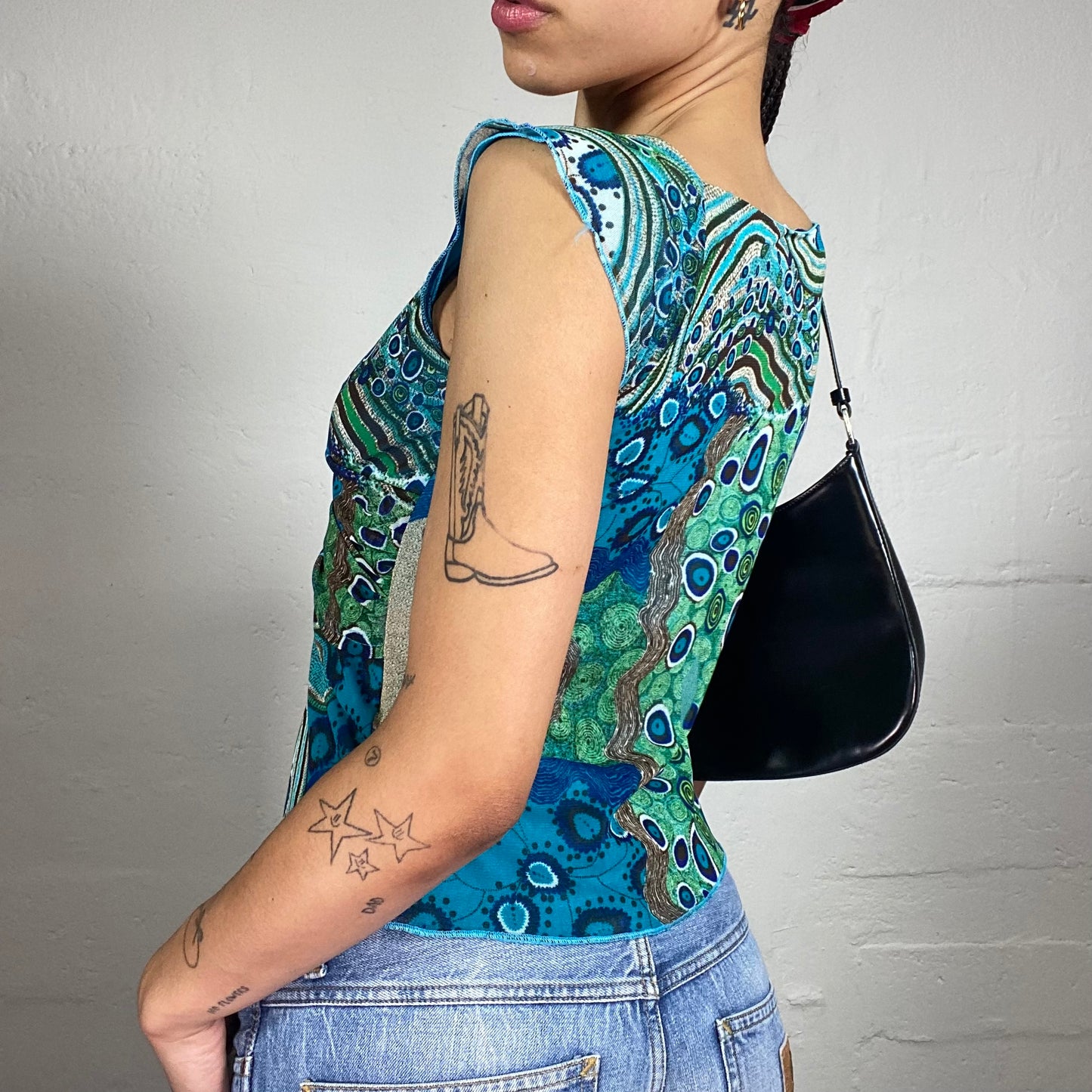 Vintage 2000's Casual Aquamarine Blue and Green Boho Print Chiffon Top with Metal Detail (M)
