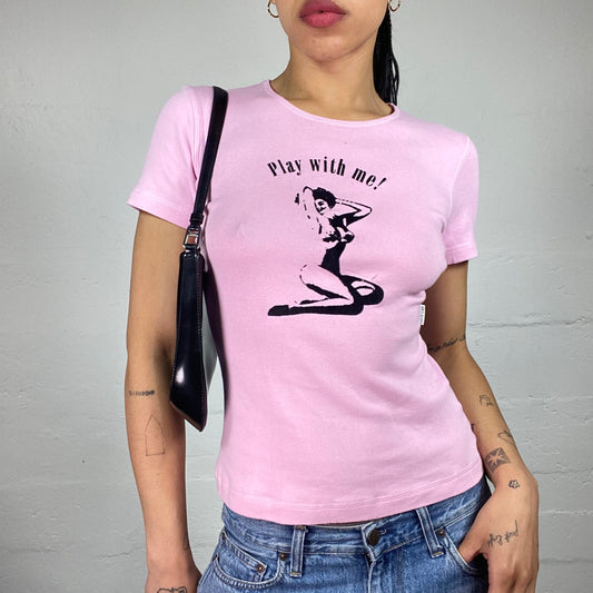 Vintage 2000's Downtown Girl Baby Pink Play With Me Tee with Body Black Print (L)