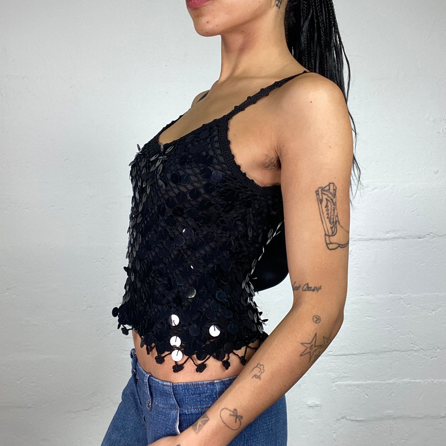 Vintage 2000's Clubwear Glamorous Black Sequin Net Effect Cami Top (S)
