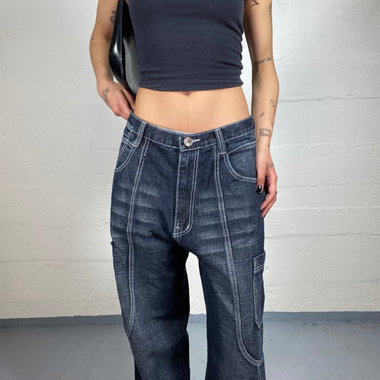 Vintage 2000's Hip Hop Dark Blue Denim Baggy Jeans with White Seaming (S)
