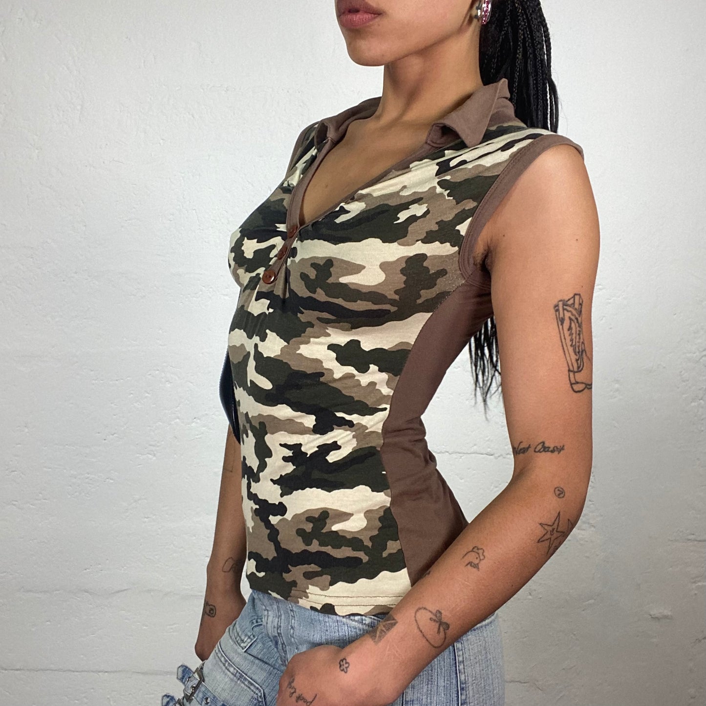 Vintage 2000’s Downtown Girl Khaki Toned Camo Print Tank Top with Collar (S)