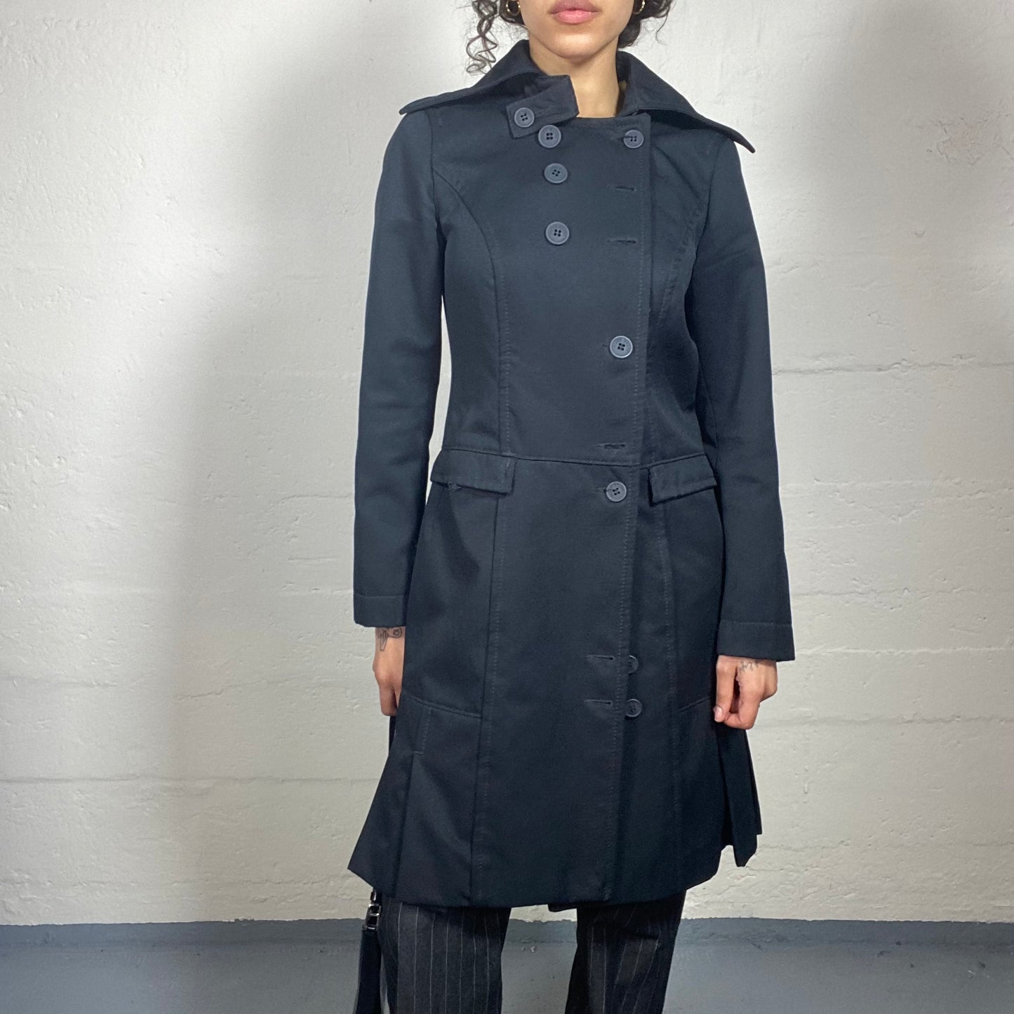 Vintage 2000's Miss Sixty Rainy Day Black Side Closing Midi Length Coat with Pleated Bottom Detail (L)