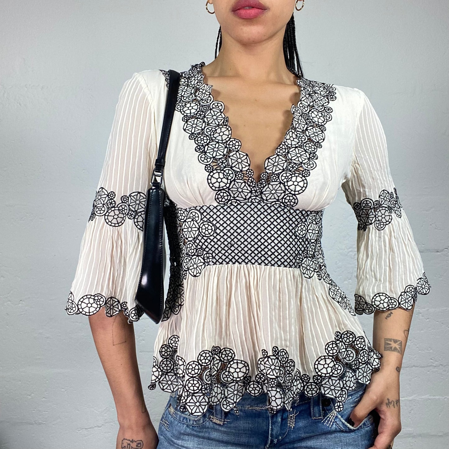Vintage 2000's Catherine Malandrino Romantic Ivory Pleated Chiffon Shirt with Black and White Floral Lace Decor (M)