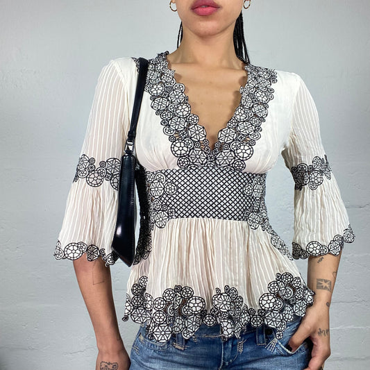 Vintage 2000's Catherine Malandrino Romantic Ivory Pleated Chiffon Shirt with Black and White Floral Lace Decor (M)