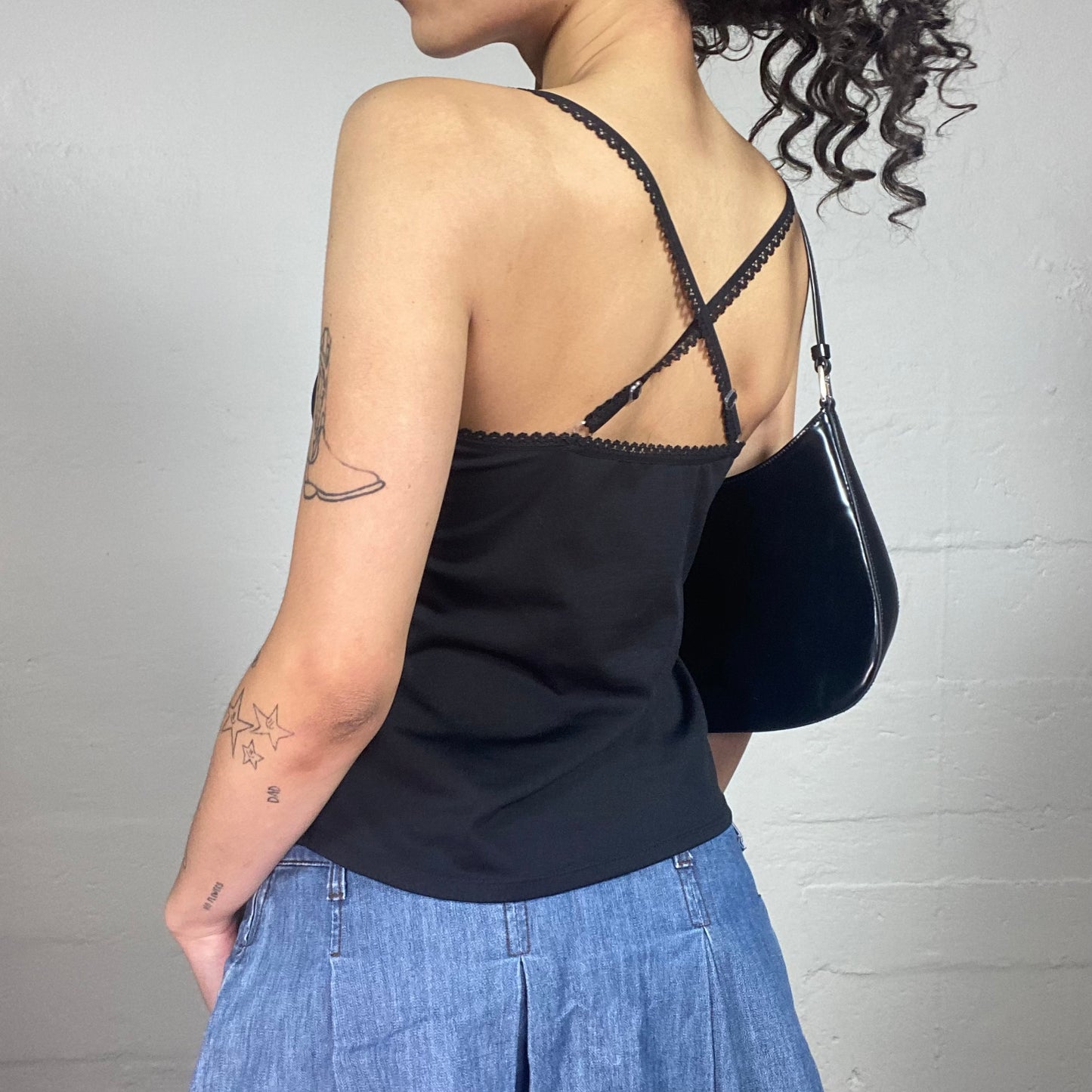 Vintage 2000's Downtown Girl Black Cami Top with Sequins Floral Deco and Crossing Stripes Back (L)