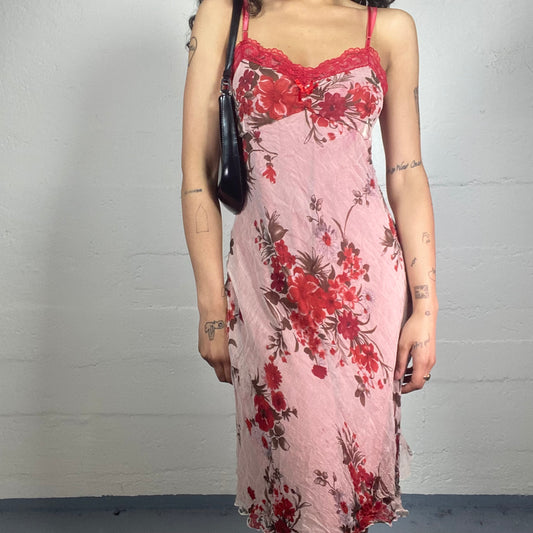 Vintage 2000's Romantic Summer Pink Midi Light Cami Dress with Red Lace Bra Trim and Red Floral Print (S)