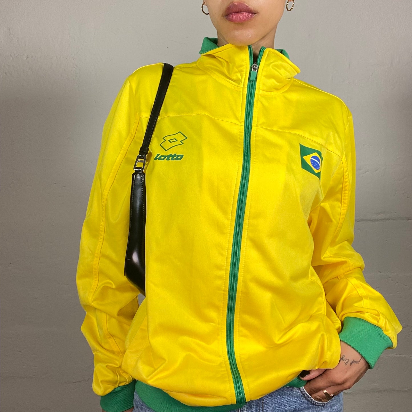 Vintage 2000's Lotto Brazil Yellow and Green Zip Up Windbreaker Jacket with Flag Embroidery (XL)