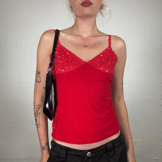 Vintage 2000's Date Night Hot Red Corset Style Top with Red Lace and Rhinestone Details (M)