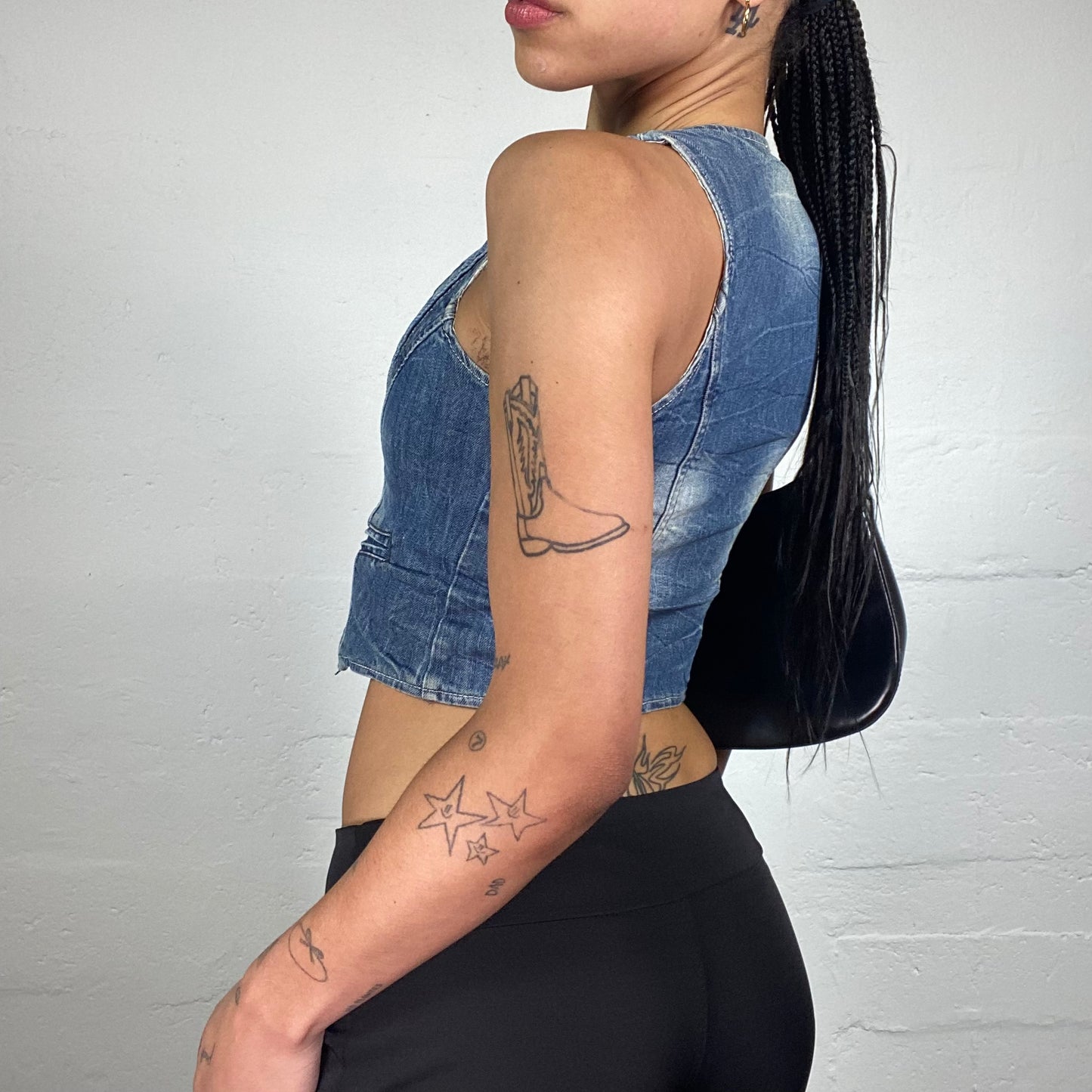 Vintage 2000's Hip-Hop Blue Denim Button Up Cropped Vest Top (XS)