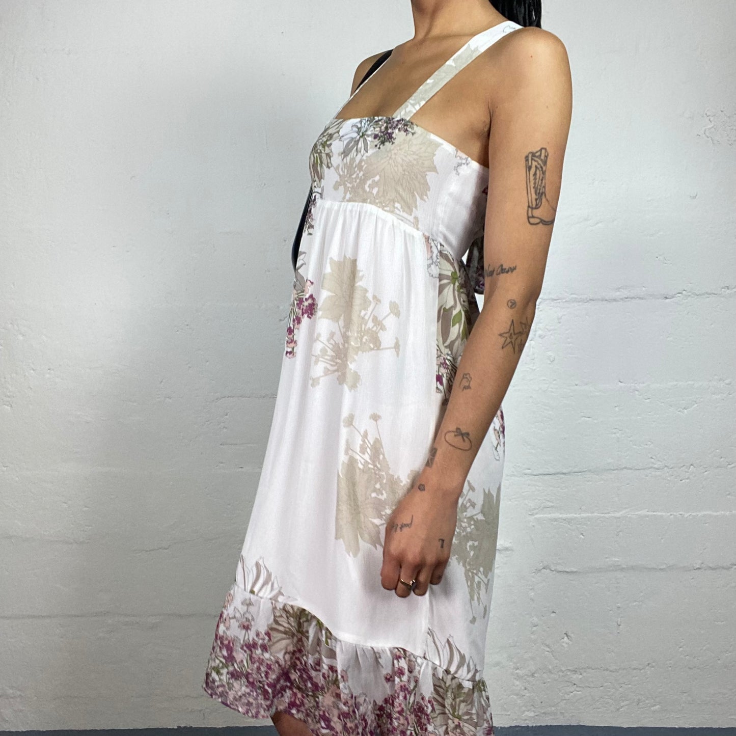 Vintage 2000's Summer White Chiffon Layered Midi Dress with Beige and Brown Toned Floral Prints (S)