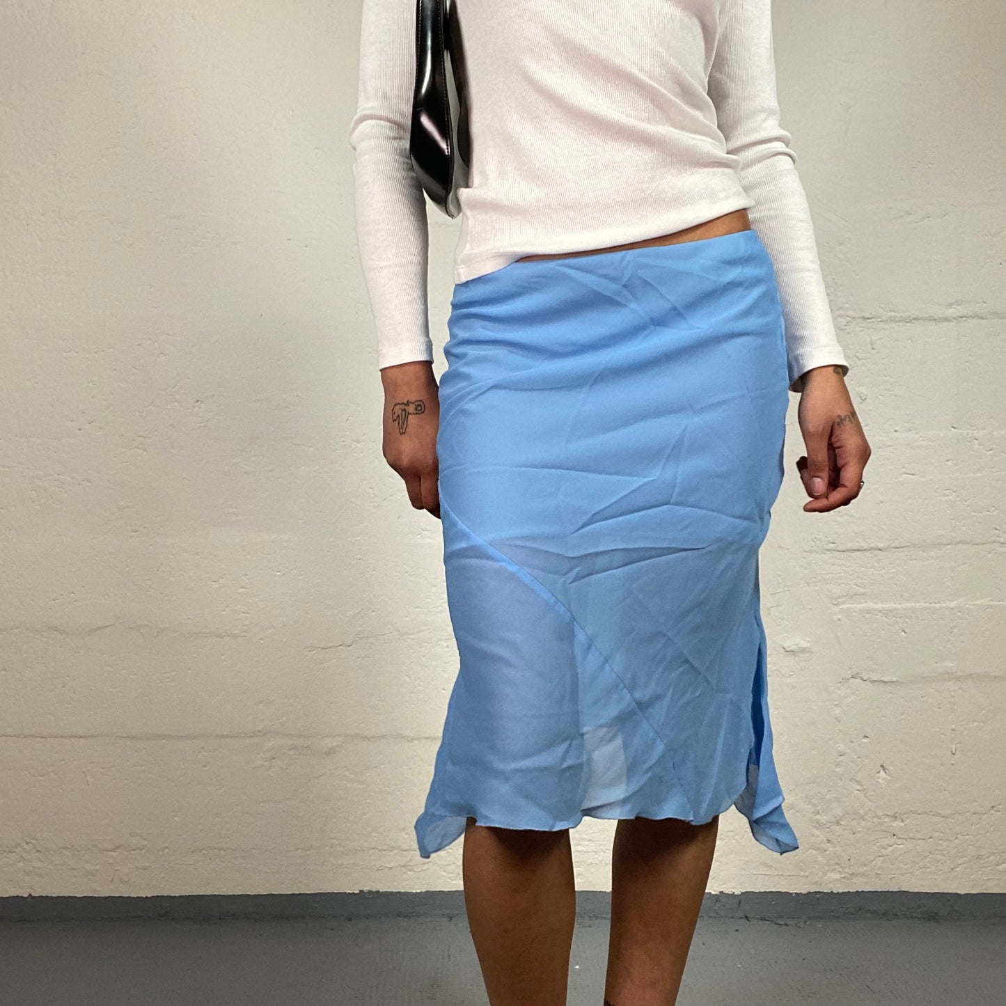 Vintage 2000's Summer Girl Sky Blue Chiffon Flowy Asymmetric Trim Midi Skirt (S)
