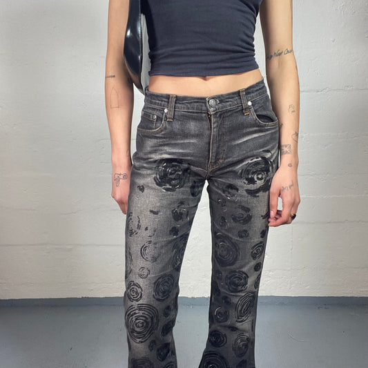 Vintage 2000's Romantic Black Middle Waist Flared Jeans with Roses Print (M)