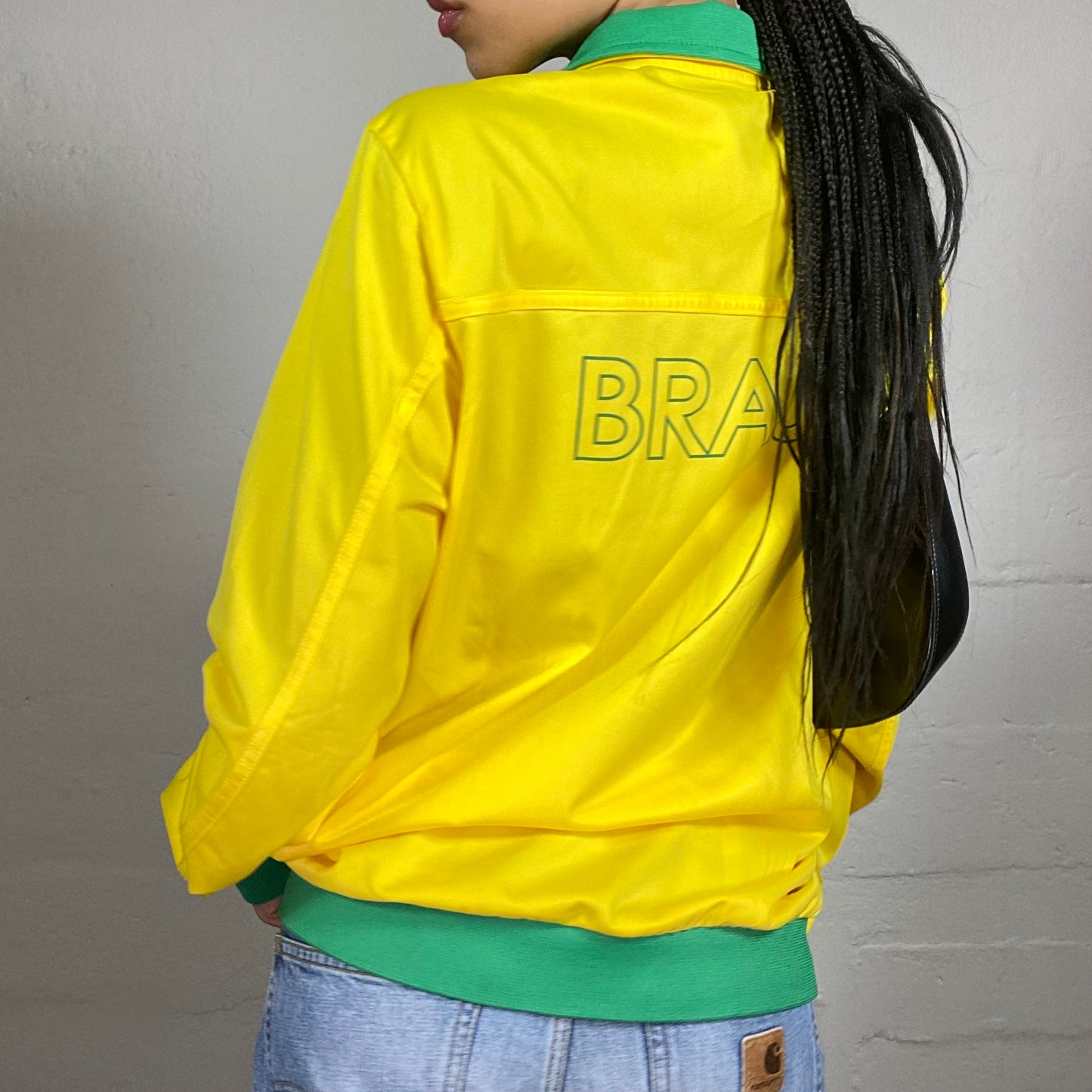 Vintage 2000's Lotto Brazil Yellow and Green Zip Up Windbreaker Jacket with Flag Embroidery (XL)