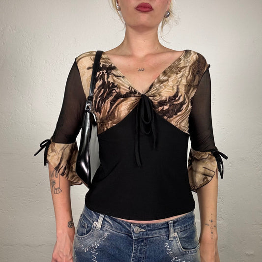 Vintage 2000's Date Night Black Longsleeve Top with Brown and Gold Bust and Sleeve Details (S)