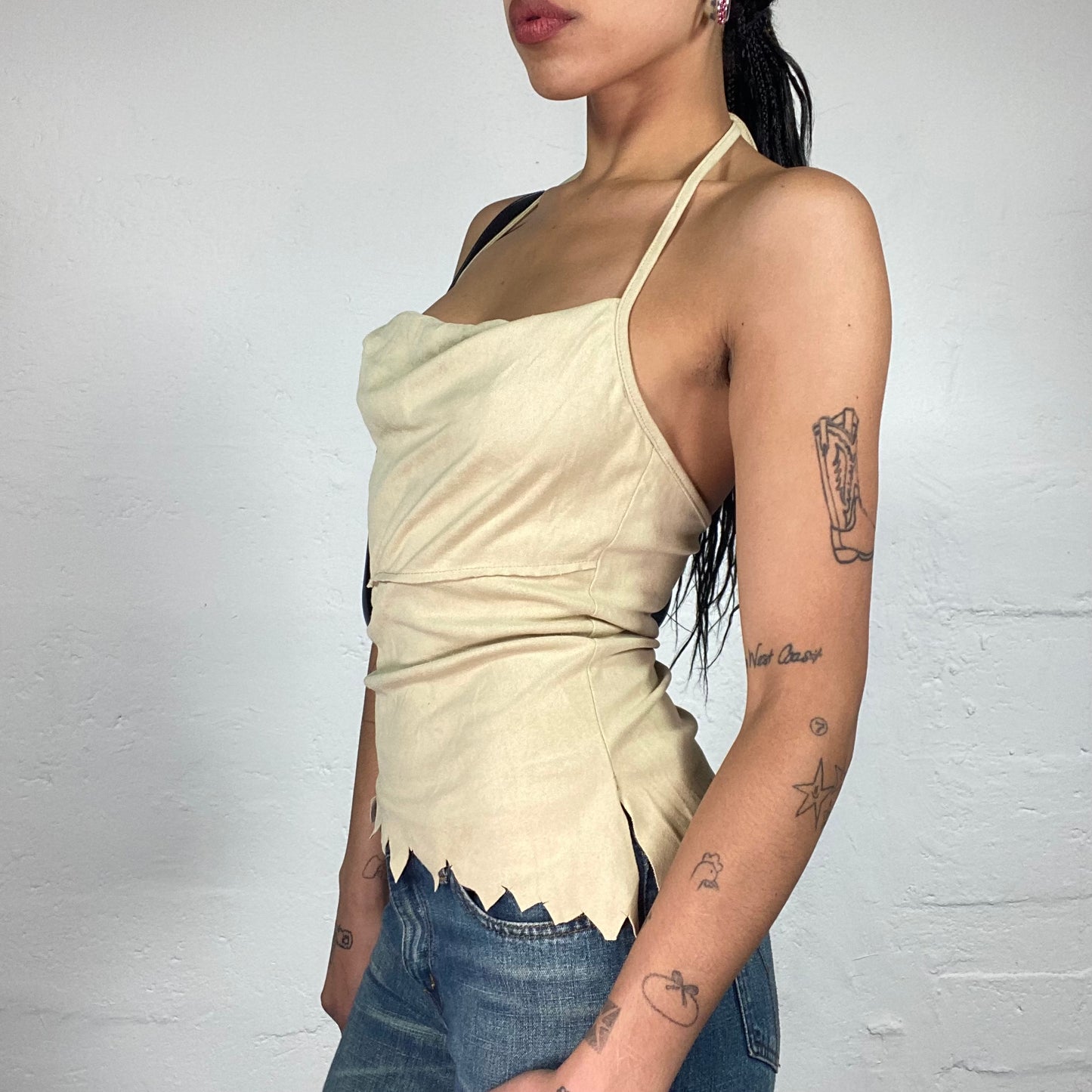 Vintage 2000's Soft Girl Draped Cream Neckholder Top with Geometric Cut Trim (S)