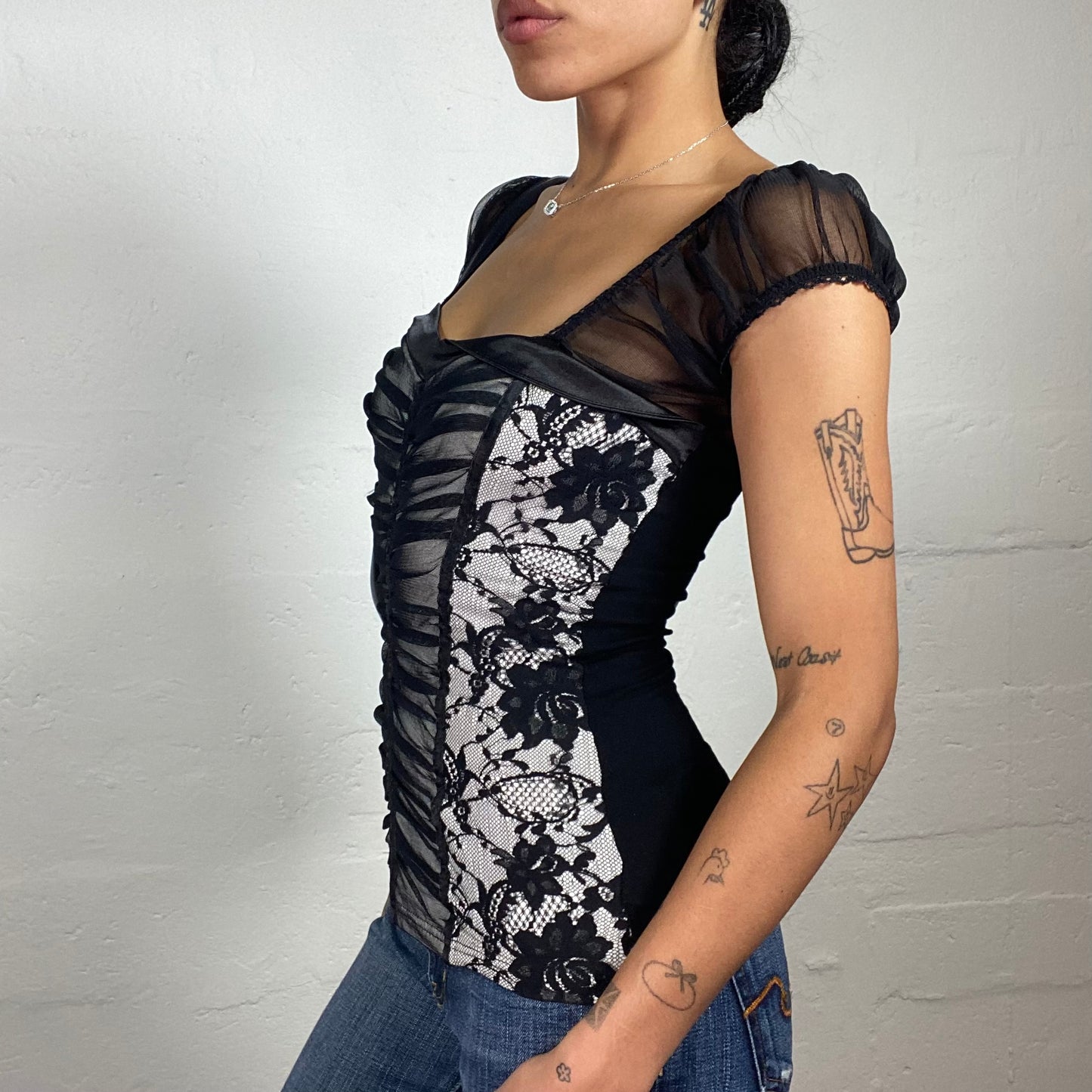 Vintage 2000's Dark Coquette Black and Grey Doll Cut Sleeves Mesh Decorated Top with Floral Lace Details (S/M)