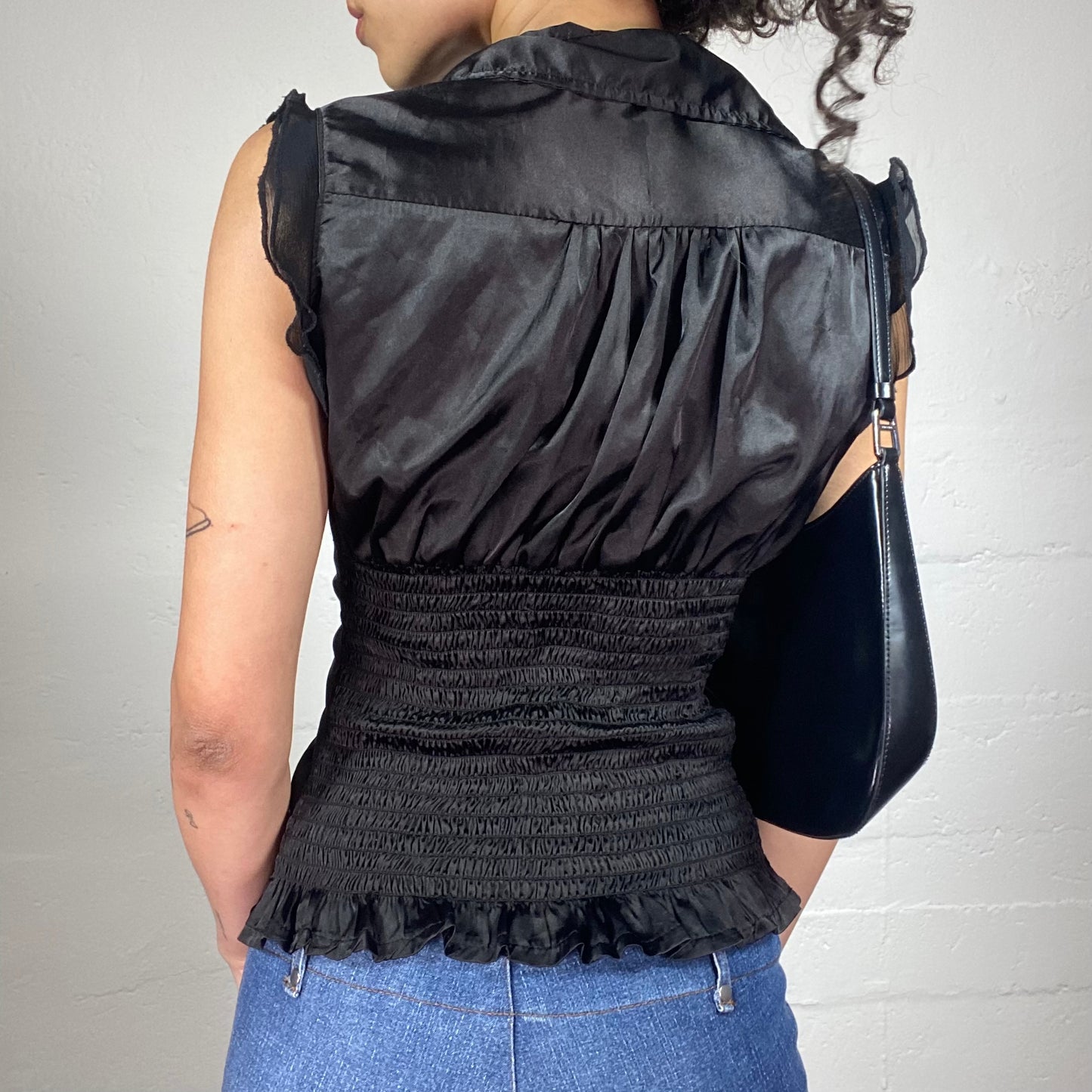Vintage 2000's Dark Coquette Satin Black Sleeveless Button Up Shirt with Side Ruffles (S)