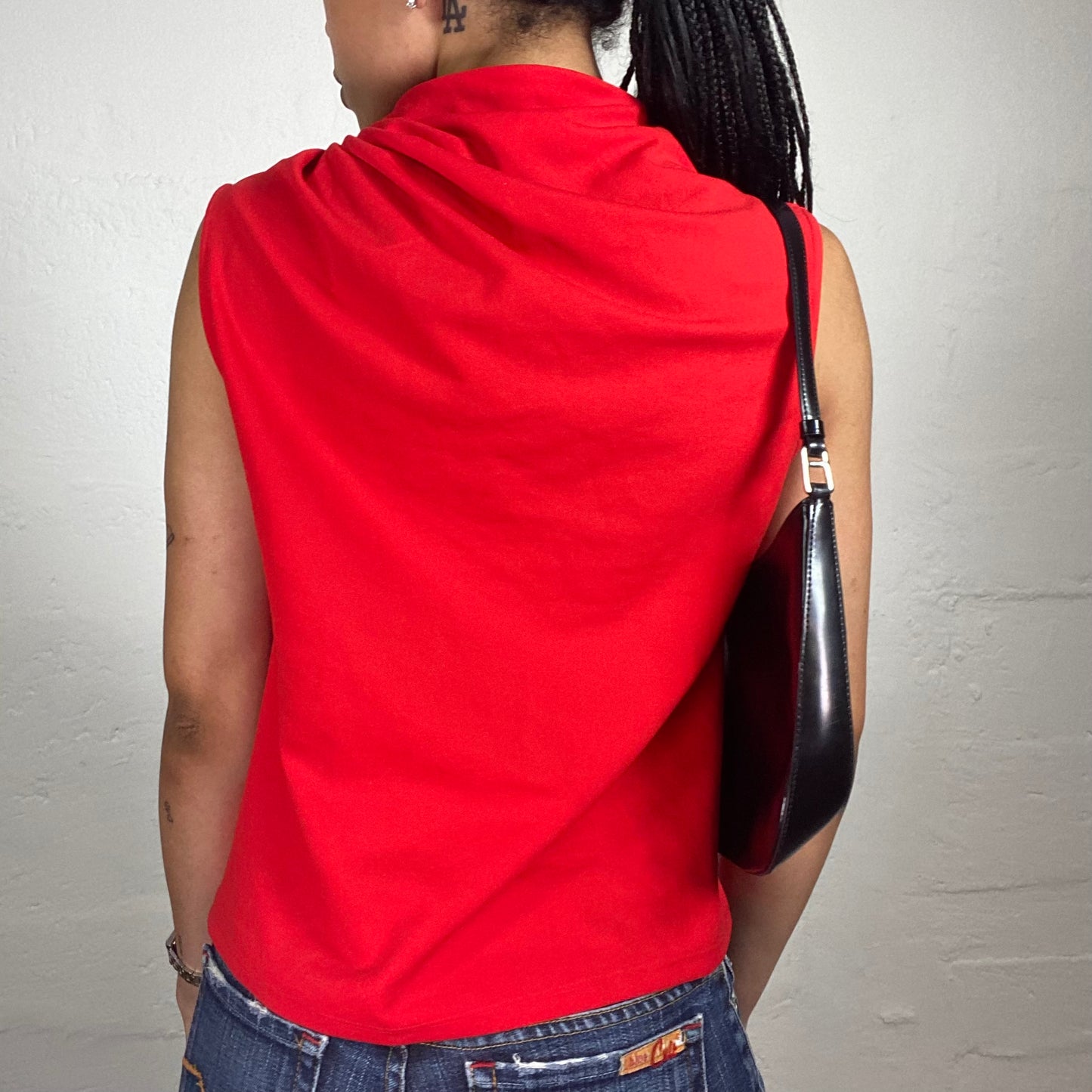 Vintage 2000's Downtown Girl Intense Red Sleeveless Draped Zip Up Top (M)