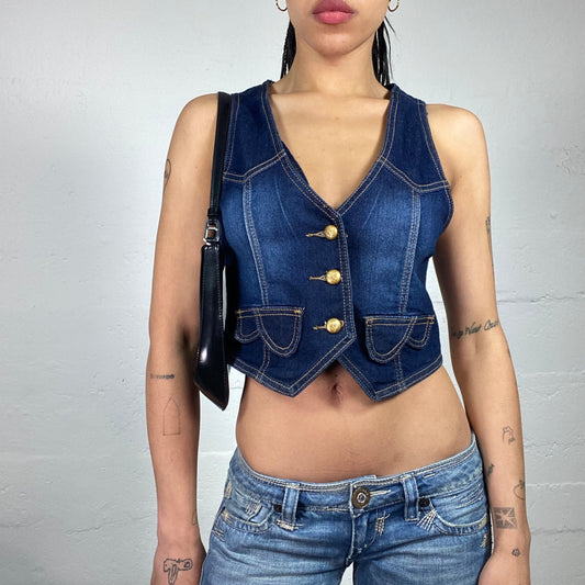 Vintage 2000's Downtown Girl Dark Blue Wash Out Effect Button Up Cropped Denim Vest (M)