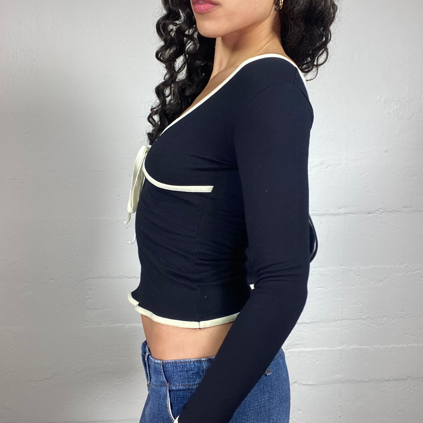 Vintage 2000's Coquette Black Off Shoulder Longsleeve Top with White Overlock and Middle Ribbon Detail (S)
