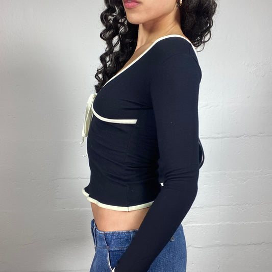 Vintage 2000's Coquette Black Off Shoulder Longsleeve Top with White Overlock and Middle Ribbon Detail (S)