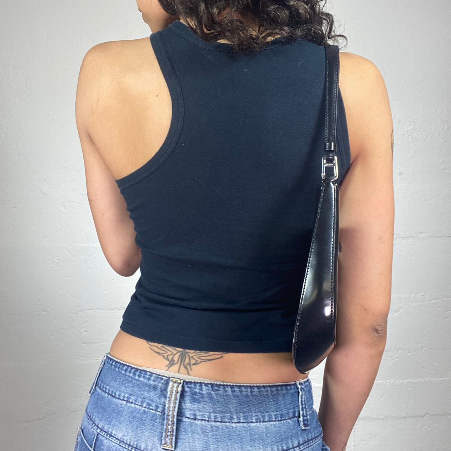 Vintage 2000's Sporty Black Tank Top with Purple Abstract Typography Print (S)