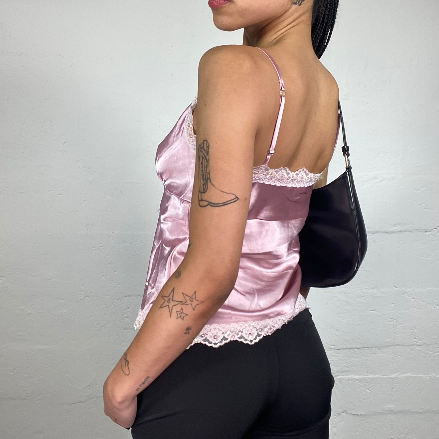 Vintage 2000's Soft Girl Satin Pink Cami Top with Lace Trim (S)