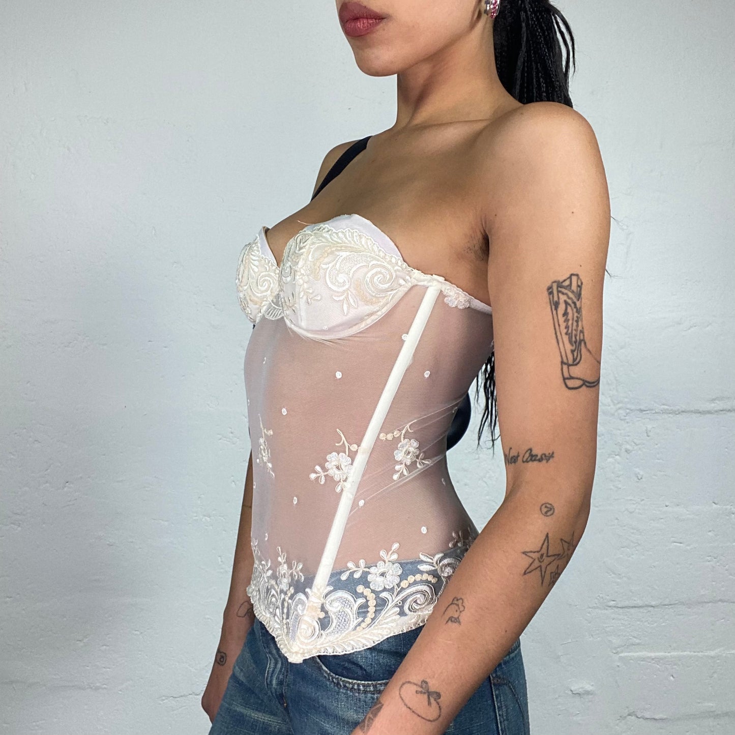 Vintage 2000's Soft Girl Bridal Look White Mesh See Through Corset with Floral Embroidery (S)
