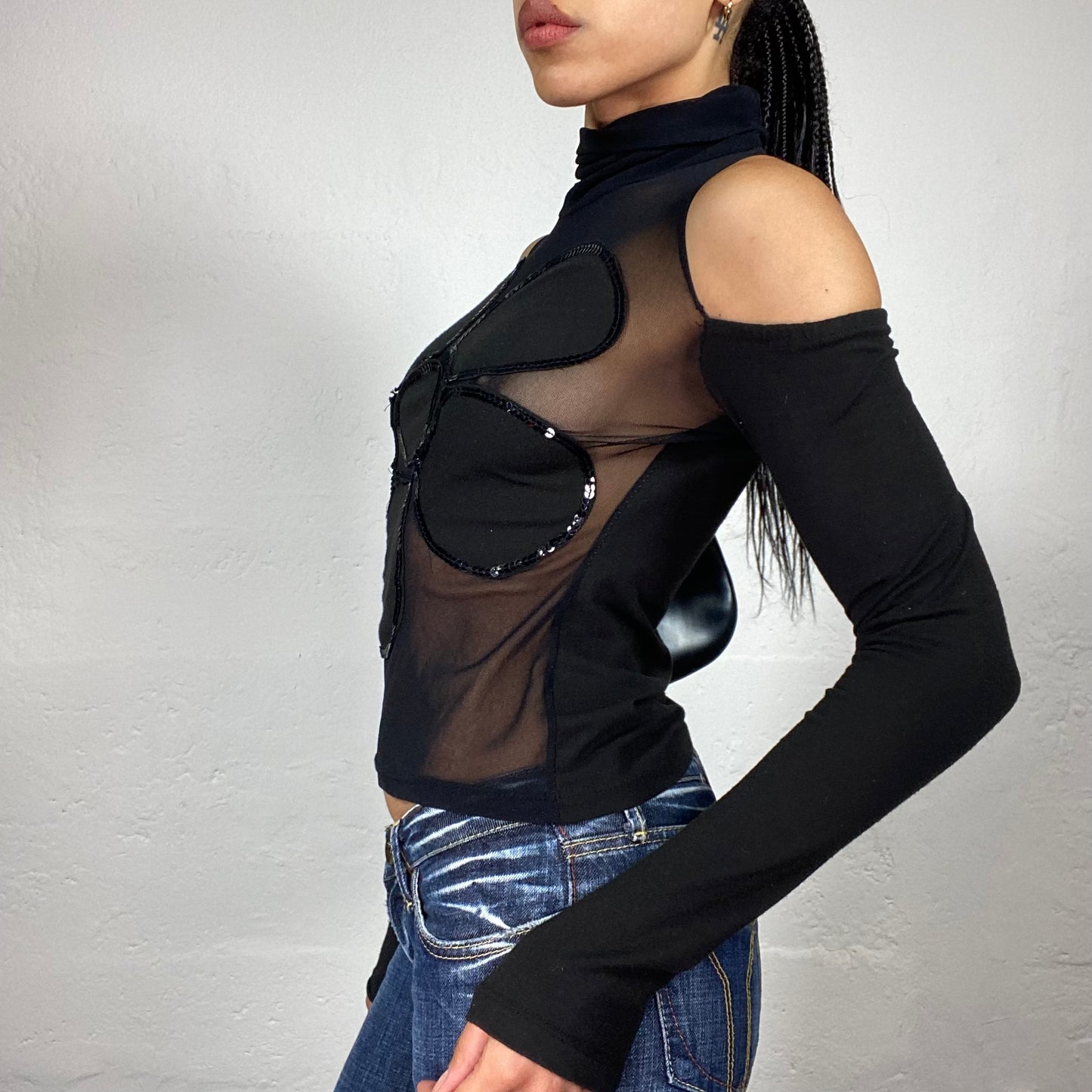 Vintage 2000's Popstar Black Longsleeve Open Shoulders Turtleneck Mesh Front Top with Sequin Decorated Flower Embroidery (S)