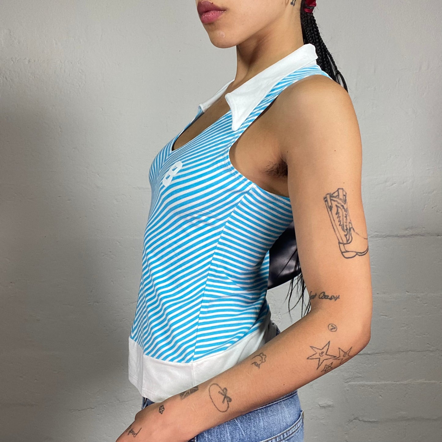 Vintage 2000's Sporty Baby Blue and White Striped Tank Top with Collar and 8 Embroidery on the Back (M)