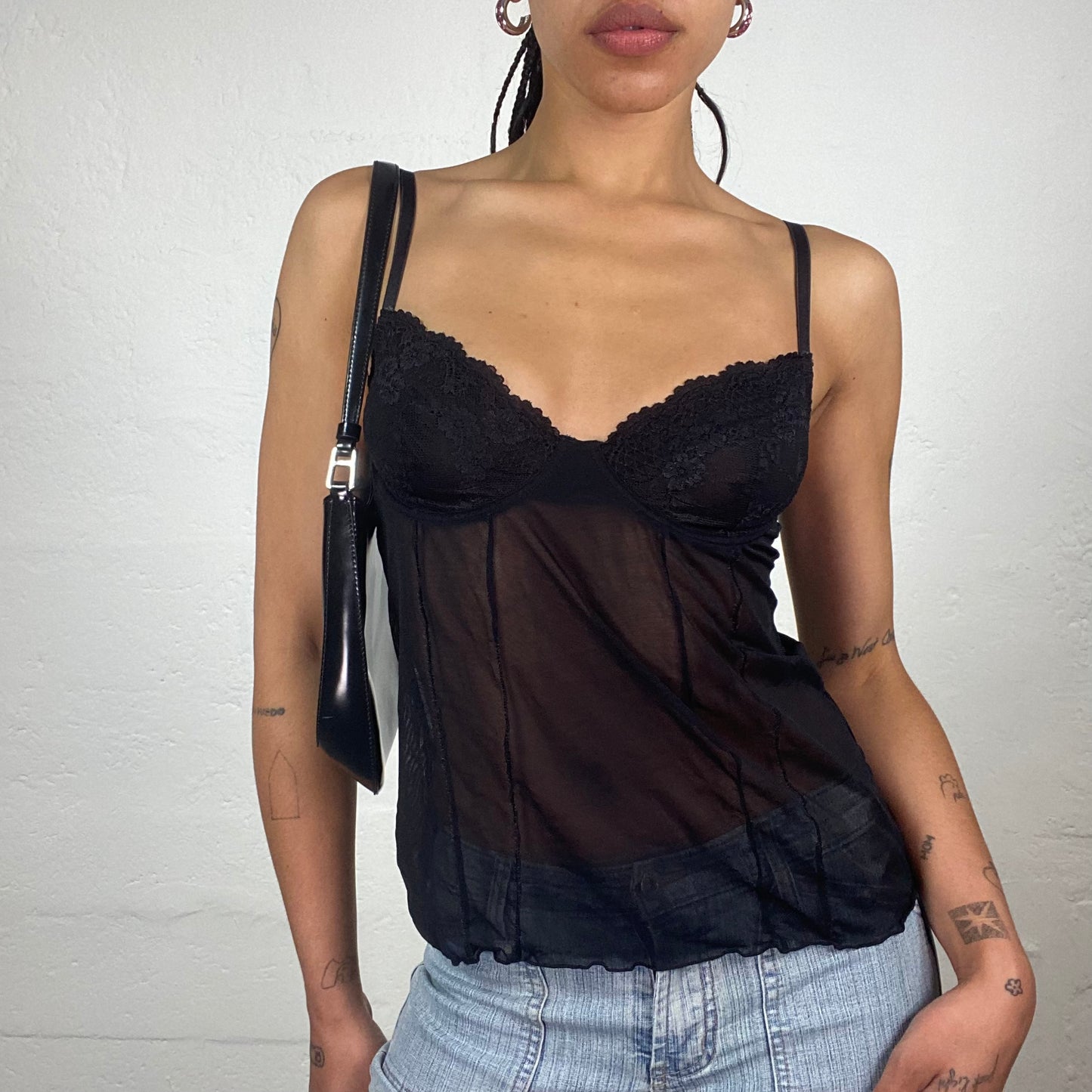Vintage 2000’s Romantic Black Mesh See Through Lingerie Style Camisole Top (M)