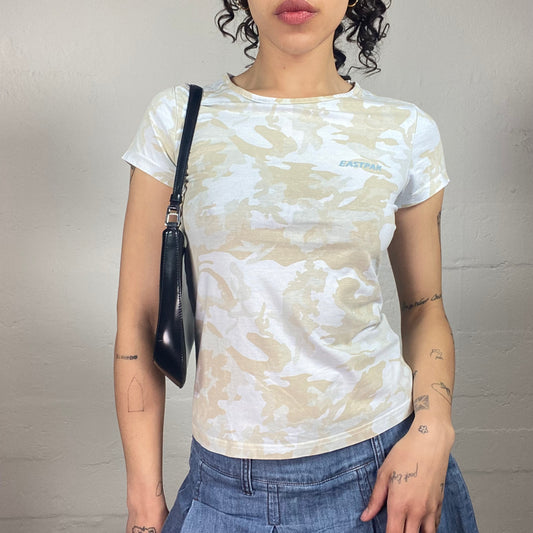 Vintage 2000's Summer Girl White and Beige Camo Printed Baby Tee (S)
