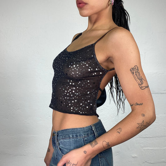 Vintage 2000's Clubwear Black Cropped See Through Top with Silver Shiny Patches and Open Back (S)