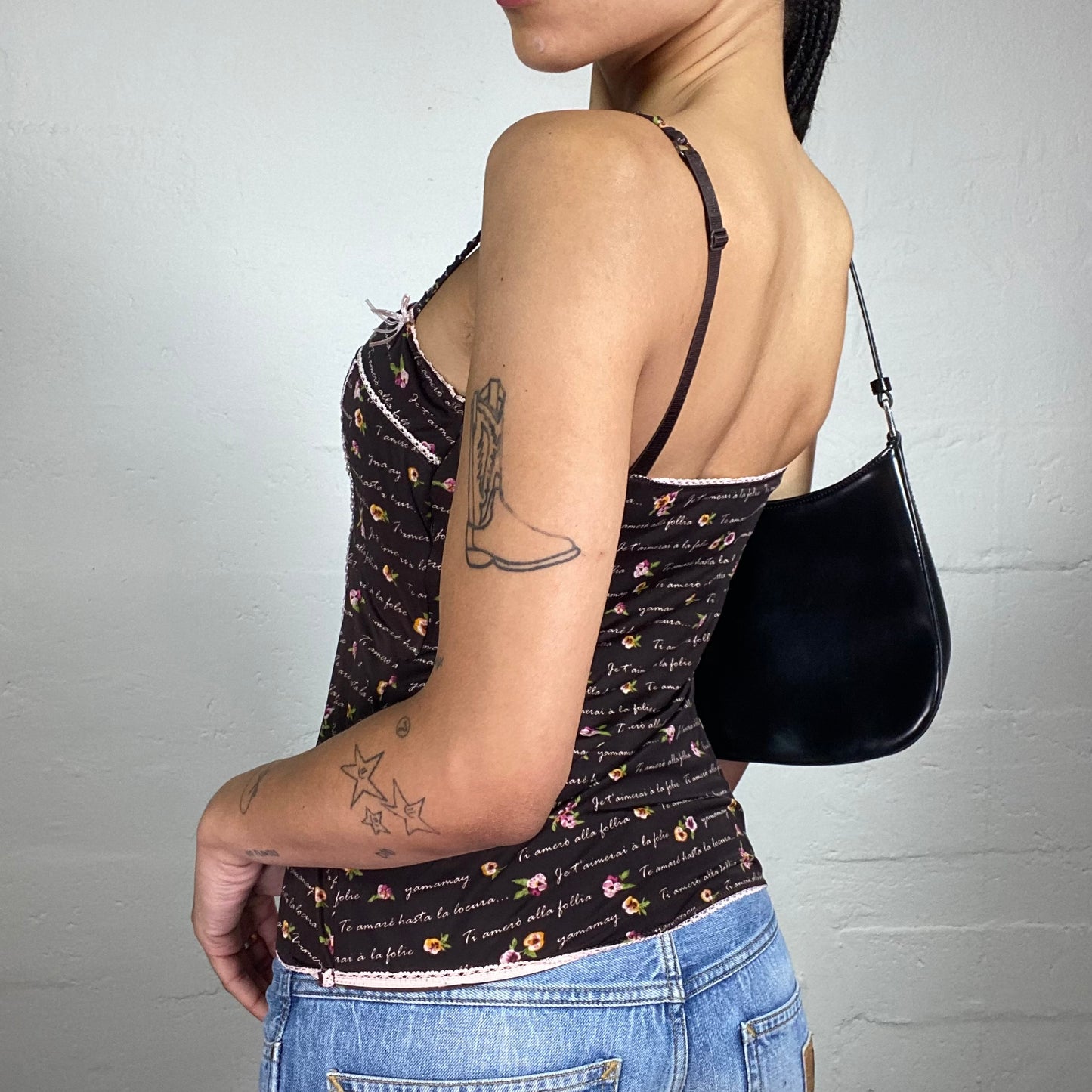 Vintage 2000's Romantic Brown White Typography and Mini Flowers Printed Cami Top (S)