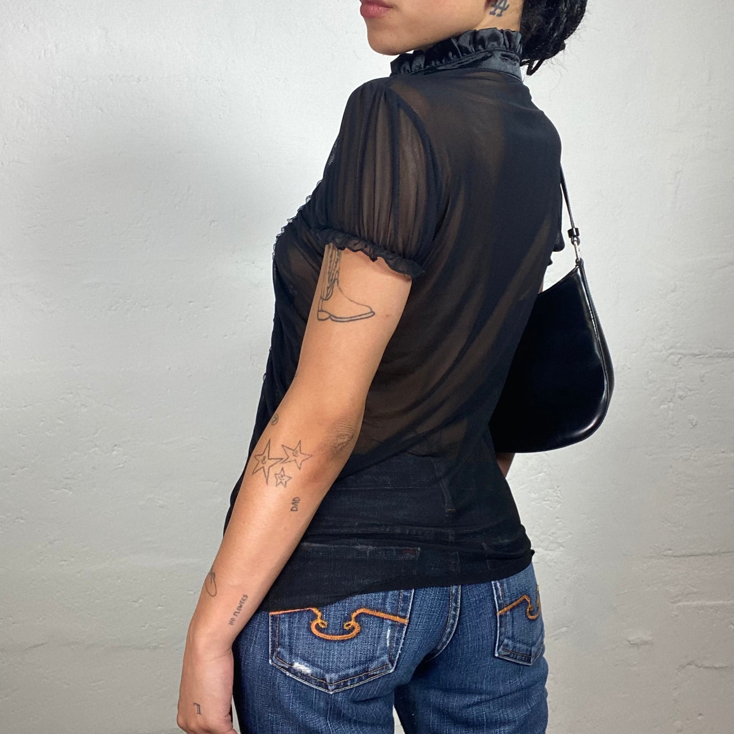 Vintage 2000's Chic Black Mesh See Through Ruffled Button Up Shirt with Coquette Sleeves (L)