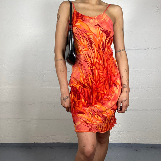Vintage 2000's Fire Flower Orange and Red Abstract Watercolour Print Summer Cami Dress (S)