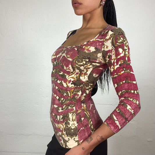Vintage 2000’s Just Cavalli Boho Girl Faded Red and Khaki Green Abstract Printed 3/4 Sleeve Top (XS)