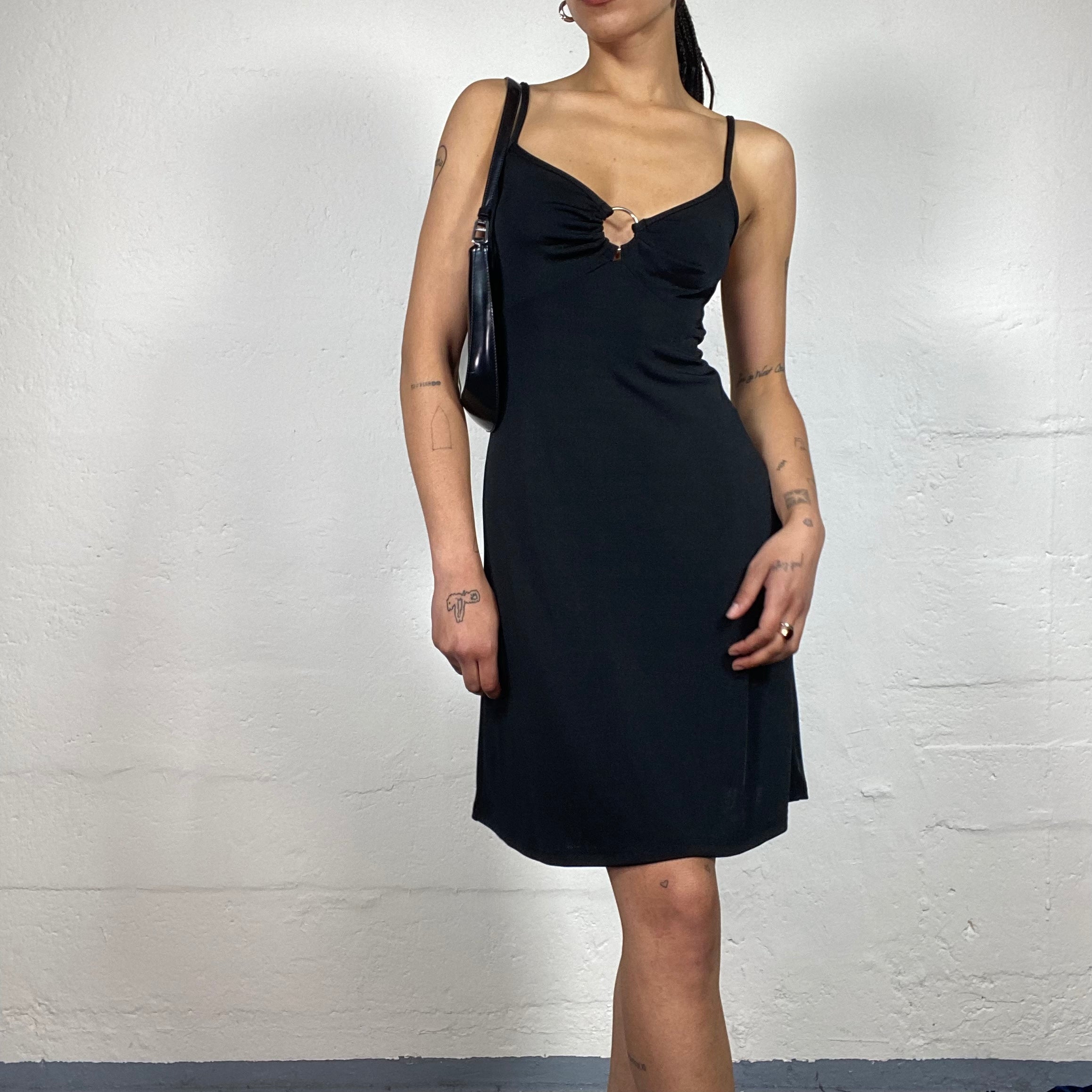 Vintage 2000's Night Out Classy Black Camisole Dress with Metal Bra Ri